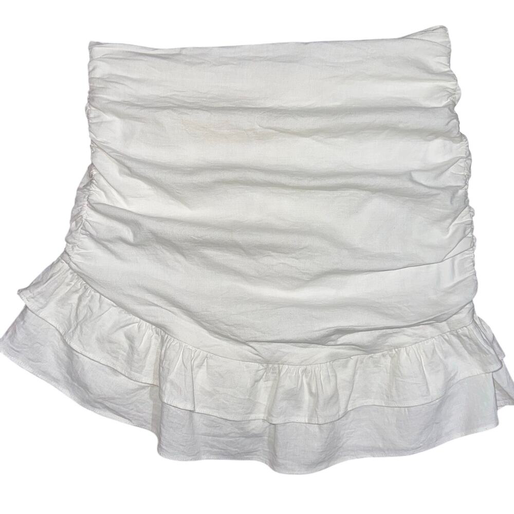 Mable White Asymmetric Shirred Stretch Cotton Ruffle Mini Skirt Size Small